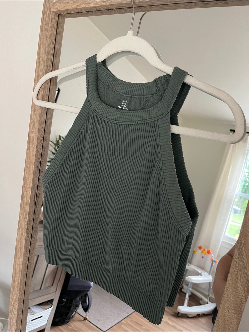 aerie Ribbed High-Neck Crop Tank — Dark Green